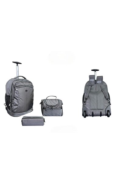 Tradeo Grey Trolley Backpack Set with Wheels, Lunch Bag & Pencil Case – Trave...