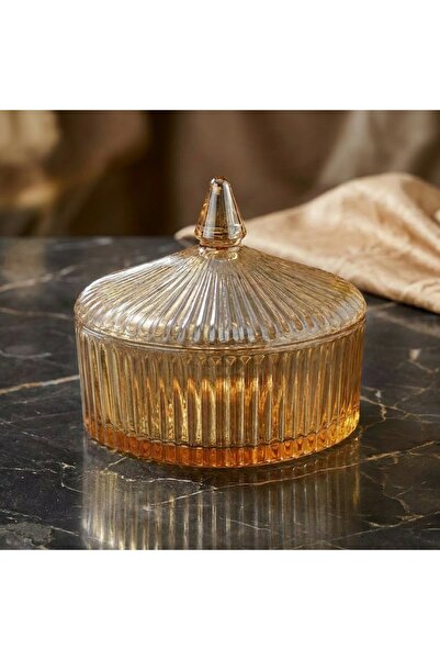 FAIR HOME Bal Rengi Büyük Boy Çizgi Desen Kapaklı Çerezlik – Şekerlik - 12x14 cm