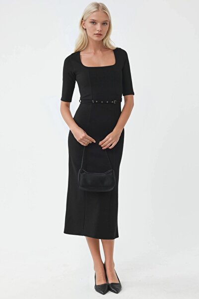 Hiccup Busem Belted Square Neck Midi Dress