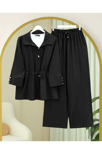 Modamorfo Βαμβακερό Σετ με Τούνελ Δέσιμο, Ελαστική Μέση και Παντελόνι - Μαύρο