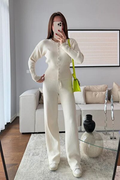 FMN Moda kadın rahat Fitil Detaylı Çıt Çıtlı Hırka Pantolon Triko Takım kol d...