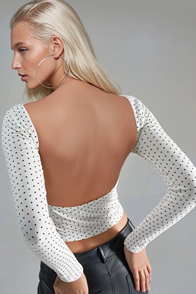 Hiccup Busem Back Detailed Polka Dot Slim Fit Crop Blouse