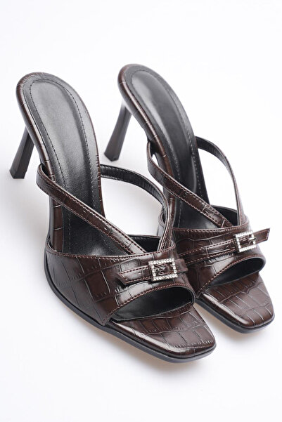 AleWomen Brown Crocodile Silver Buckle Detailed Mia 9 cm Heeled Women's Slippers