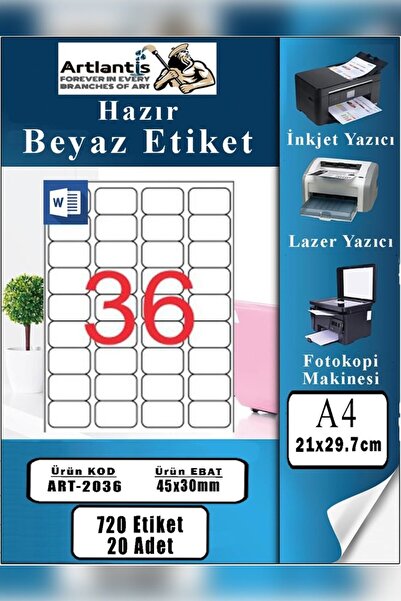 Artlantis A4 36 lı Hazır Etiket 52.5x33 mm 20 Sayfa 1 Paket Kendinden Yapışka...