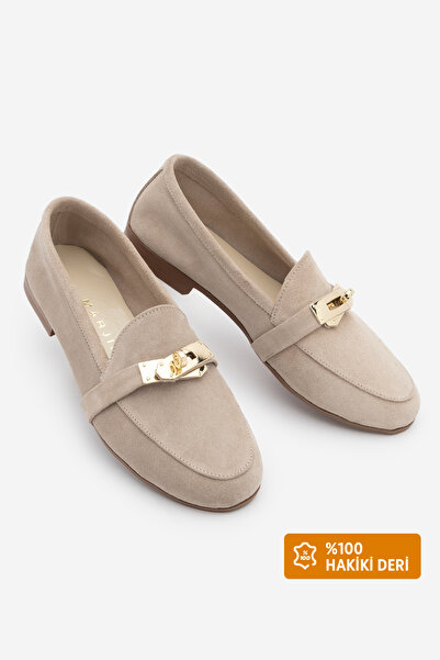 Marjin Women's Loafer Genuine Leather Buckle Moccasin Casual Shoes Nador Beig...