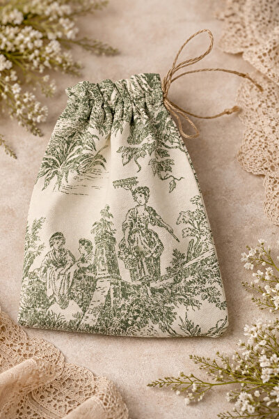Buemshop French Garden Mini Kese 15x21 cm | Yeşil Toile de Jouy Keten Jüt İpl...