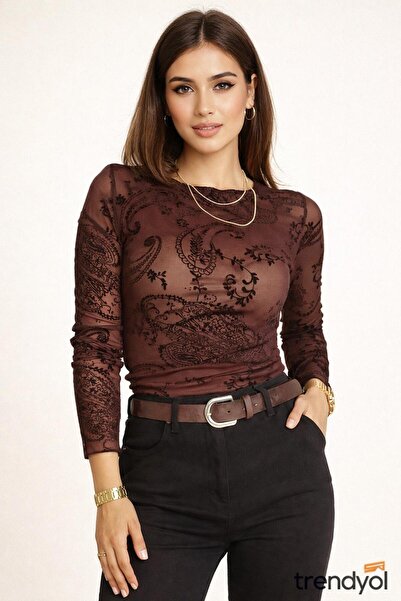 GenelTedarik Kahverengi tül bluz