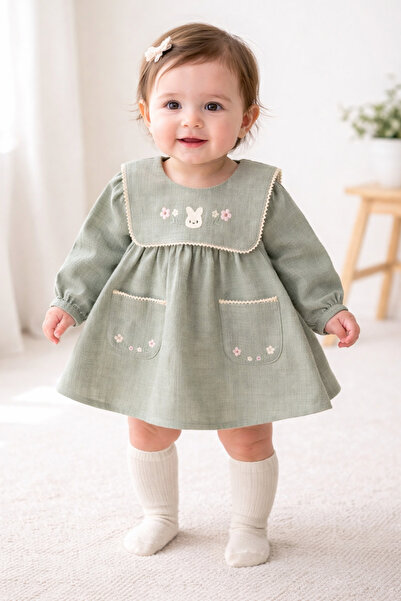 Pufiko Kids Nakış Detaylı Cepli Keten Kız Bebek Elbise