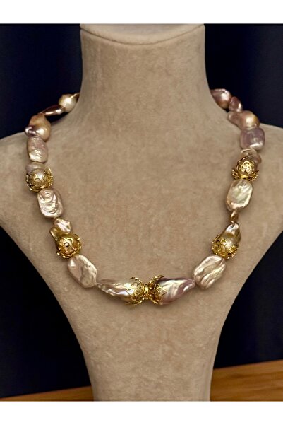 ZİDE AKSESUAR Pembe Barok İnci Gold Aparat Kolye