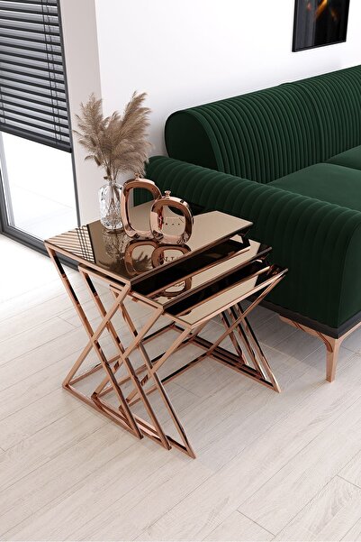 Nies Aksesuar Lüx Kare 3'lü Zigon Sehpa Bakır Ayak Bronz Ayna