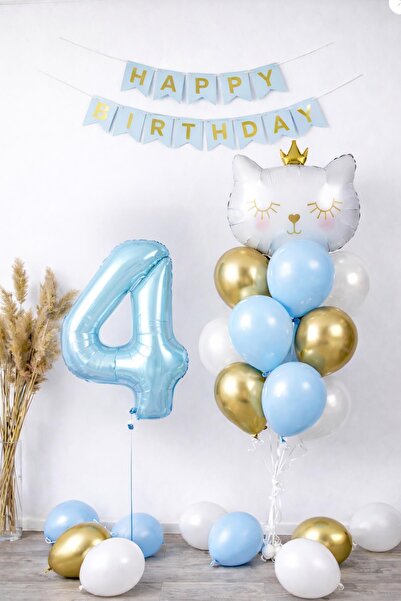 Patladı Gitti 4 Year Old Cat Themed Birthday Balloon Set – Blue Gold Concept