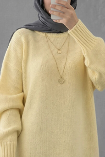 bysoca Women's Yellow Crew Neck Long Balloon Sleeve Oversize Soft Knitwear Tu...