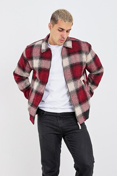 İLKCET MODA سترة رجالية حمراء مبطنة بقصة ضيقة وسحاب من طراز Oduncu