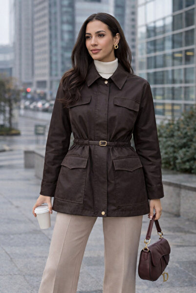 kikiriktekstil Kadın Mumlu Görünümlü Kemer Detaylı 4 Cep Su Tutmaz Ceket