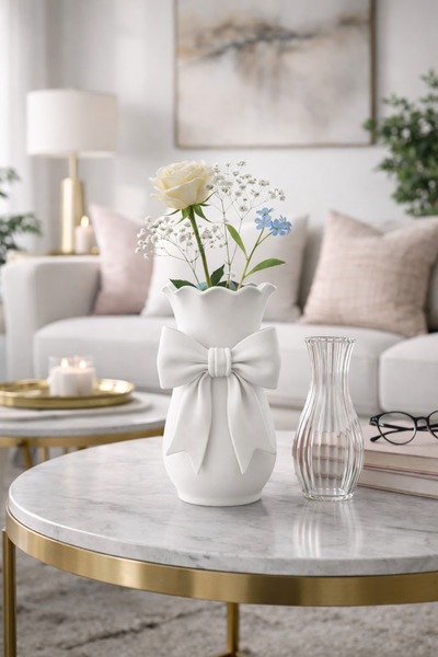 MİR STORE Kurdele Detaylı Dekoratif Vazo – Salon & Yatak Odası Şık Masa Üstü ...