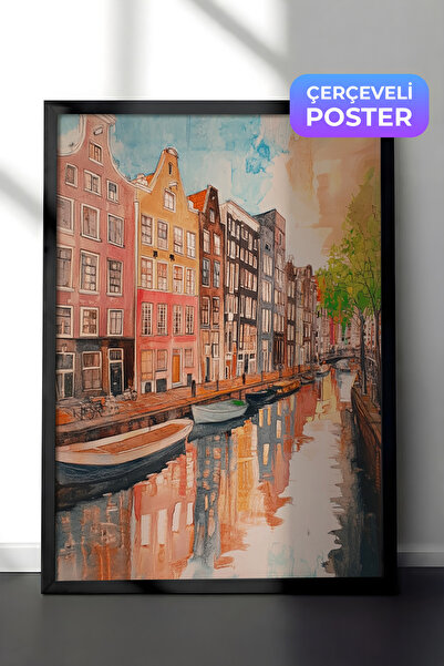 Zestia Crna uokvirena zidna slika, kuće na Amsterdam kanalu, pogled na ulicu,...
