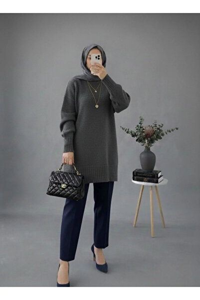 bysoca Women's Anthracite Crew Neck Long Balloon Sleeve Oversize Soft Knitwea...