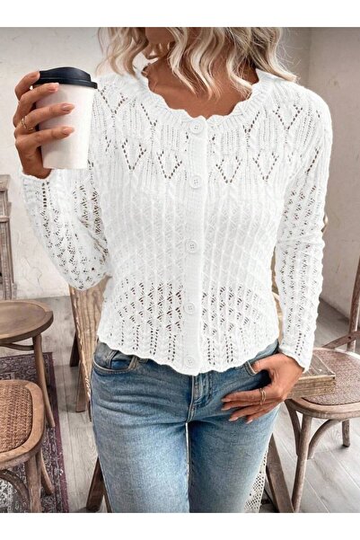 Gülçin Coşkun Ajurlu Uzun Kol Yaka Detaylı Düğmeli Sepet Desen %100 Pamuk Kad...