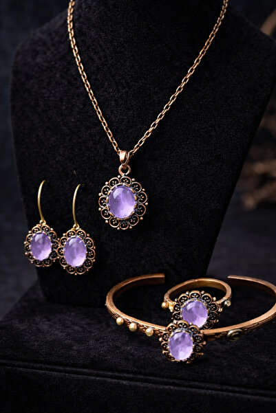 İyyaKee Kadın Bakır Kolye Bileklik Yüzük Küpe Takım Seti Doğal Ametist Taşlı ...