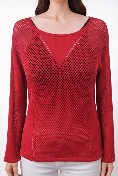 Neden Tekstil Red V Patterned Mesh Knitwear Blouse