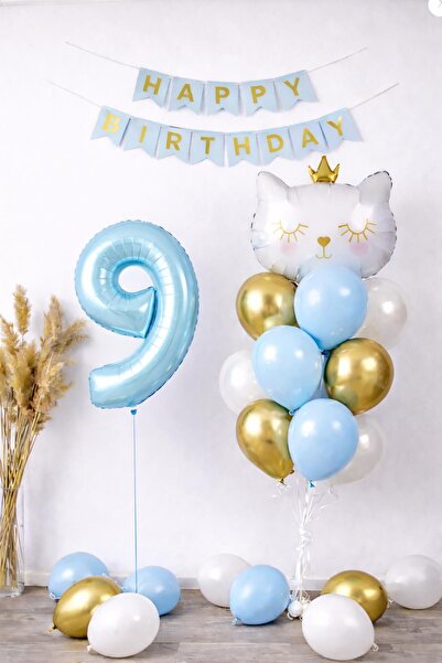Patladı Gitti 9 Year Old Cat Themed Birthday Balloon Set – Blue Gold Concept