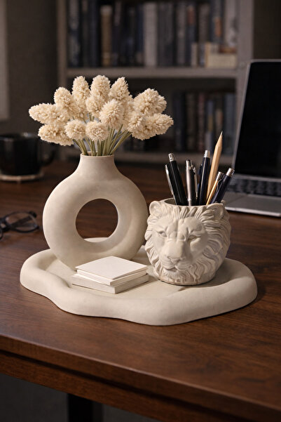 Homesinti Aslan Figürlü Üçlü Set Ofis Makyaj Masası Masa Üstü Dekoru Şık Hedi...