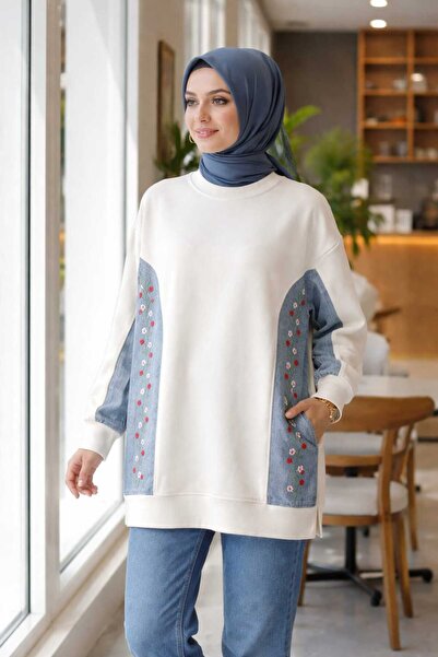 Meridosto çiçek nakışlı kot detaylı tunik