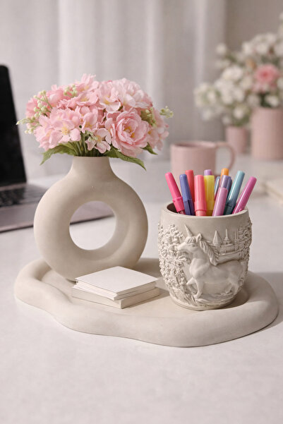 Homesinti Üçlü Dekoratif Set At Figürlü Kalemlik Vazo Tepsi Makyaj Masası Mas...