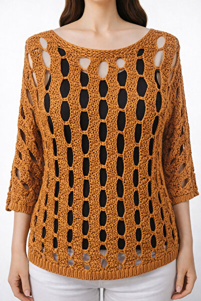 Neden Tekstil Mustard Color Large Hole and Openwork Three-Quarter Sleeve Knit...