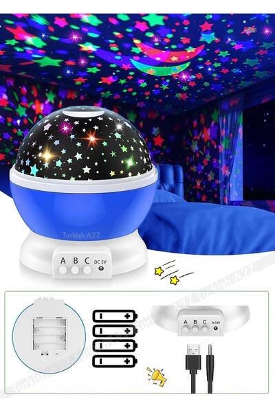 Saatistan Mavi Renkli Ay Yıldızlı Gökyüzü Yansımalı Çocuk Oda Projeksiyon Lam...