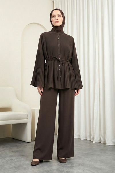 MODAQU Hakim Lapel Collar Pleated Crepe Suit - Dark Brown