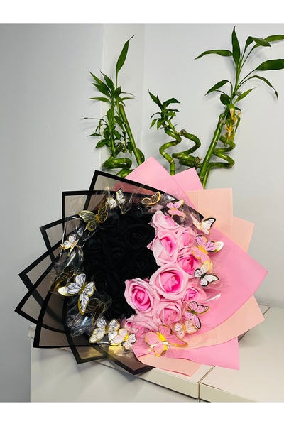 Çiçek Siyah Ve Pembe Gül Buketi Kelebekli Buket Senden Önce Senden Sonra Sevg...