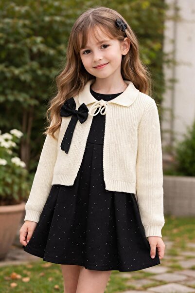 GülMiniks Kız Çocuk Triko Hırkalı Ön Arka Baskılı Taşlı Elbise