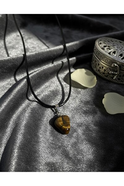 Meneva Aksesuar Kaplan Gözü Doğal Taş Deri İpli Kolye
