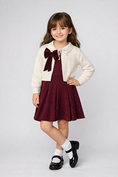 GülMiniks Kız Çocuk Triko Hırkalı Ön Arka Baskılı Taşlı Elbise