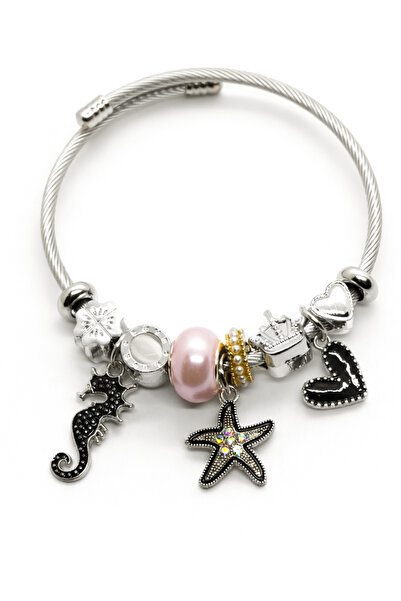 MakeWell سوار ساحر من الفولاذ المقاوم للصدأ على شكل قلب حصان البحر ونجمة الهل...