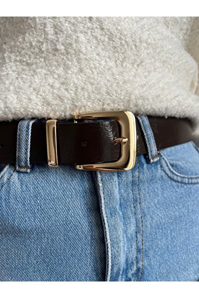 Eksibir Gold Tokalı Kahverengi Kadın Kemeri Elbise Kemeri Pantolon Kemeri