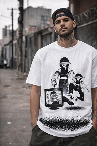 Gymmag Unisex White T-Shirt with Artistic Print "No Censor" – Modern Urban St...