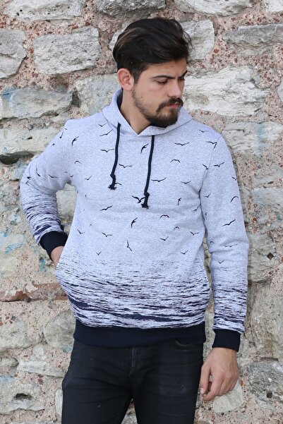 yesıl sarmasık 35 Three Thread Hooded Seagull Pattern Men's Casual Sweatshirt