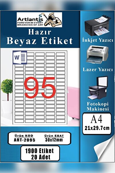 Artlantis A4 Hazır Etiket 30x12 mm 20 Sayfa 1 Paket 95 li Kendinden Yapışkanl...
