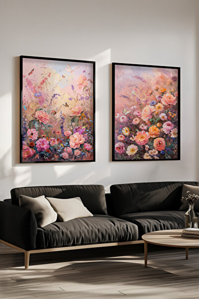 STARYUNA Black Wooden Framed Flower Garden Themed Double Painting Set Yuna525