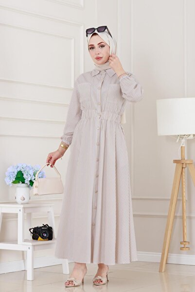 Sevitli Buttoned Striped Dress-Stone