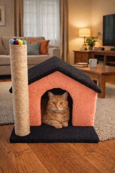 Pet Clup Lüx Tek Katlı Tırmalamalı Kedi Evi