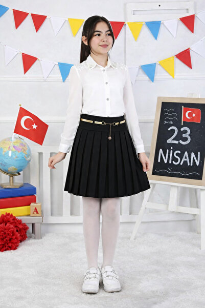 STYLENEST 23 Nisan Kız Çocuk Siyah Pileli Etek – Kemer Detaylı, Diz Üstü Bayr...