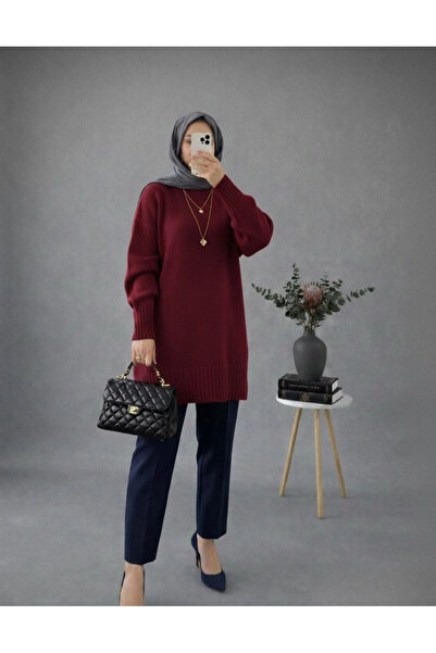 MetuCA Women's Burgundy Crew Neck Oversize Knitwear Tunic Sweater