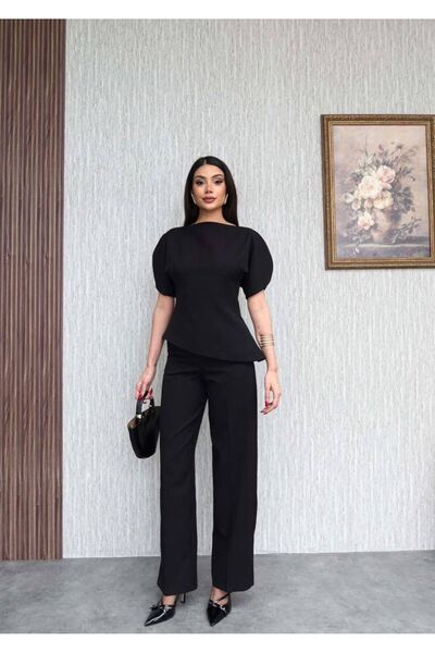 maf collection Women's Black Balloon Sleeve Asymmetrical Cut Set