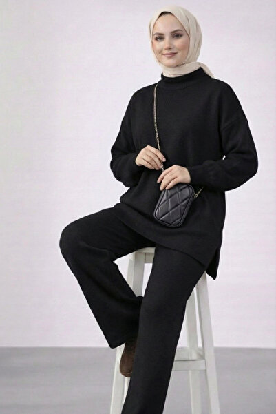 MetuCA Women's Black Balloon Sleeve Oversize Knitwear Tunic Trousers Double Set