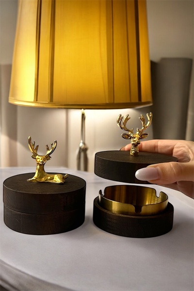Saatistan Ahşap Geyik Figürlü Metal İç Küllük, Kapaklı ve Şık Dekorasyon Parçası