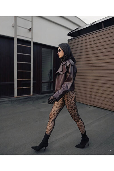FROOY Kadın Leopar Eldivenli Boydan Tulum Çorap