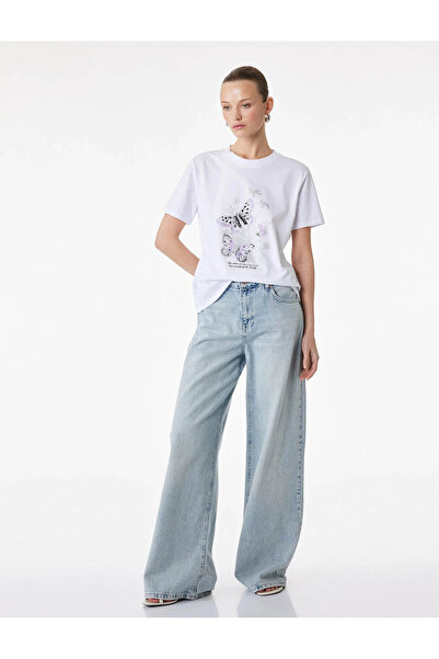 Koton Βαμβακερό κοντομάνικο μπλουζάκι με στάμπα πεταλούδας και λαιμόκοψη ποδη...